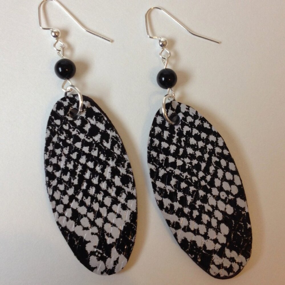 Black White Snake Earrings Wood Beads Handmade Unique Pierced Dangle Painted New
